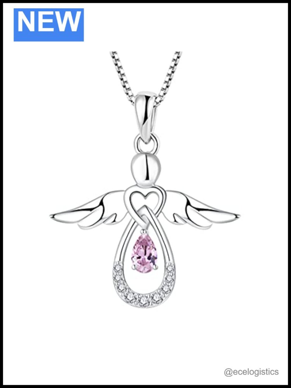 925 Sterling Silver Guardian Angel Necklace CZ 45cm Box Chain